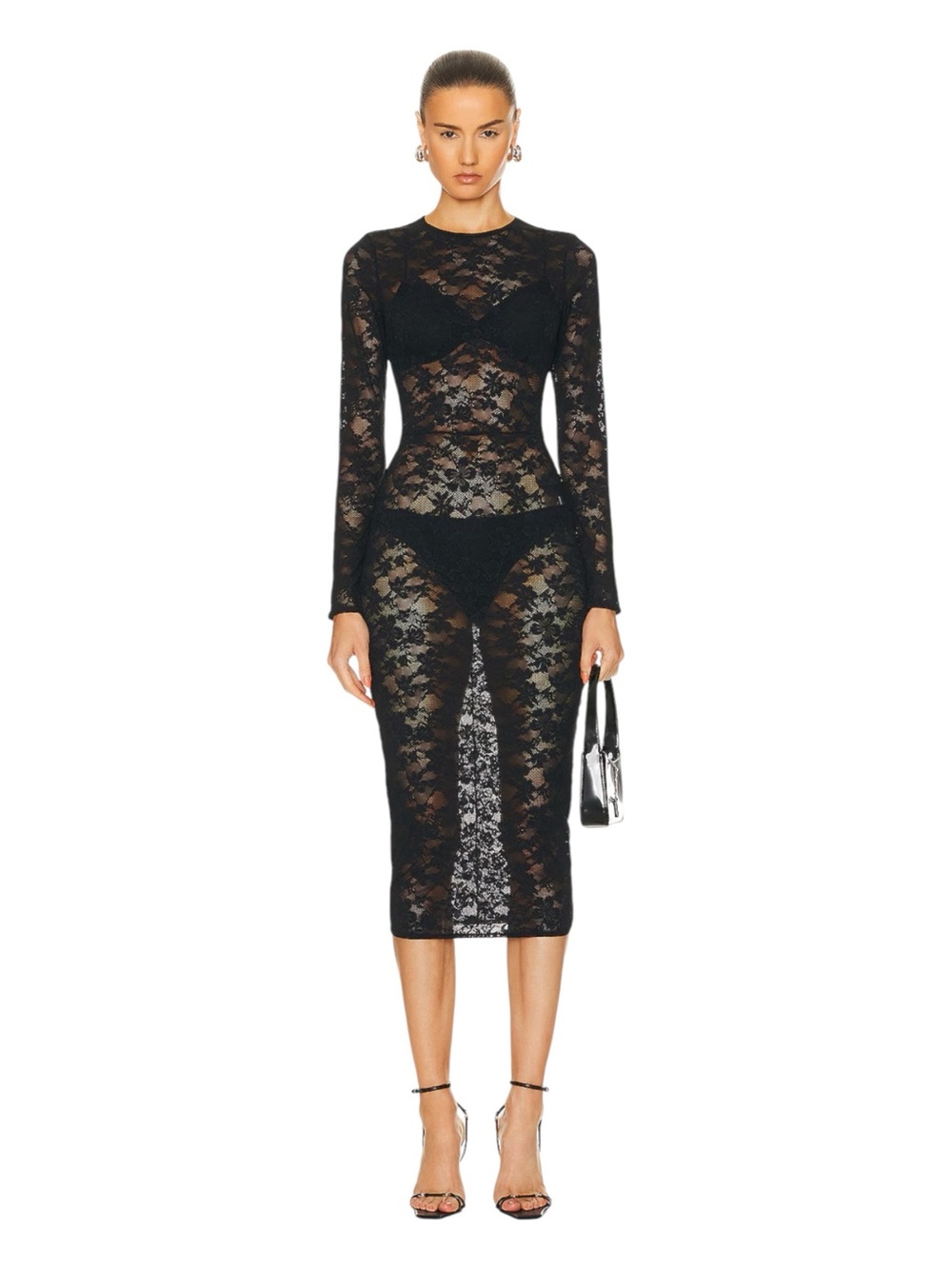 NWT Fleur Du Mal Le Stretch Multifit Lace Long Sleeve Midi Dress In Black Medium